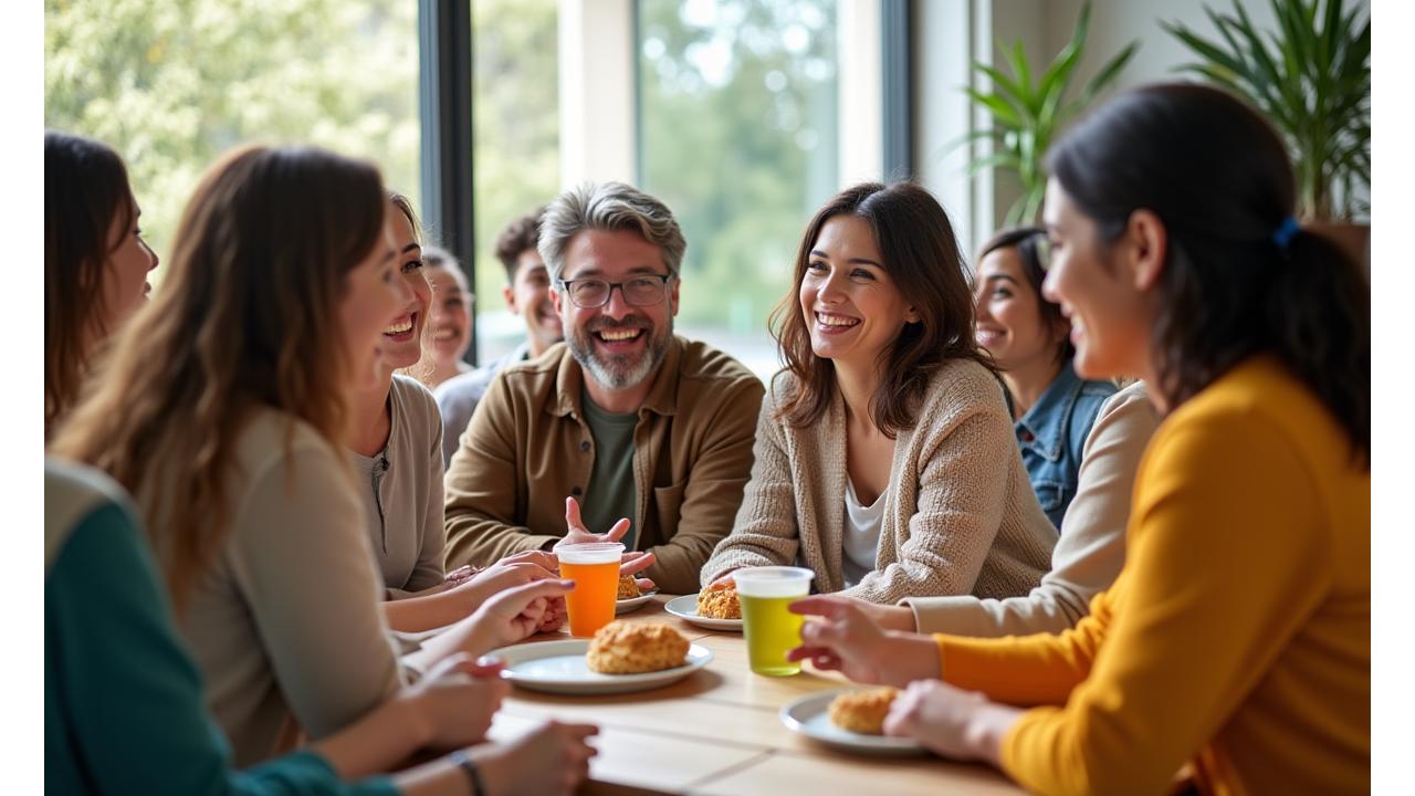 An overhead shot of people warmly engaging in a community wellness meetup in a modern, sunlit Sacramento space.