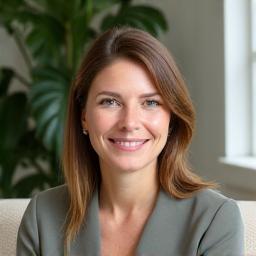 Sarah Thompson, a mental wellness specialist, in a serene, professional counseling setting.