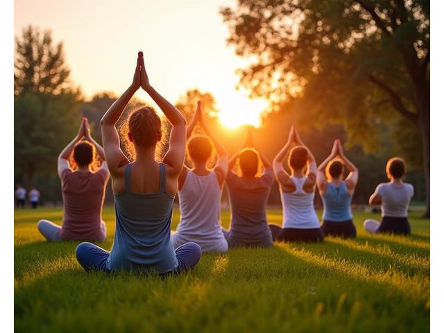 Group practicing sunrise yoga in a Sacramento park