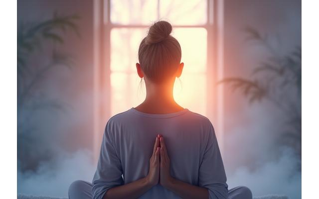 A person meditating with hands in a peaceful gesture, surrounded by gentle light, symbolizing mental calm.