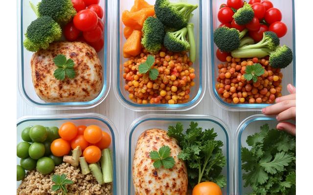 A colorful and balanced meal prep scene with healthy ingredients, representing nutrition.