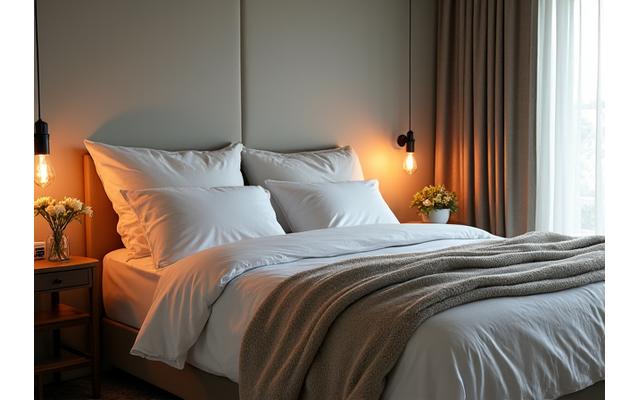 A cozy and inviting bedroom with warm lighting and soft textures, promoting restful sleep.
