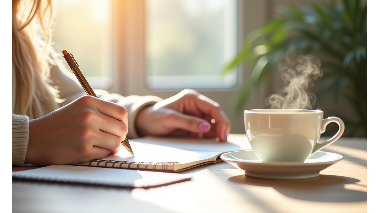Close-up of a person journaling in a clean, bright, and calm setting. A cup of herbal tea sits nearby, reflecting intention and focus.