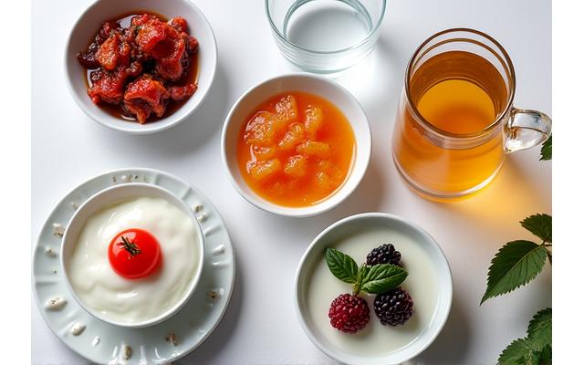 A close-up of a variety of fermented foods like kimchi, kefir, and kombucha, symbolizing gut health research.