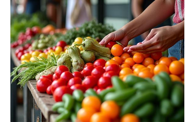 A vibrant display of fresh, locally sourced produce in an outdoor market setting, with hands selecting items.
