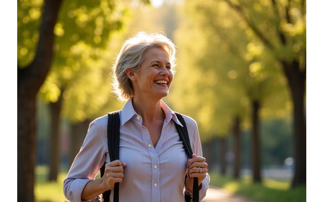 A person enjoying a refreshing walk in a sunny Sacramento park, surrounded by lush seasonal greenery.