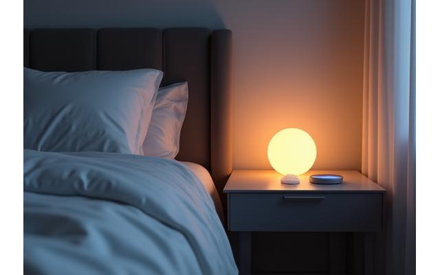A modern, minimalist bedroom with smart sleep tracking devices on a bedside table, highlighting technology.