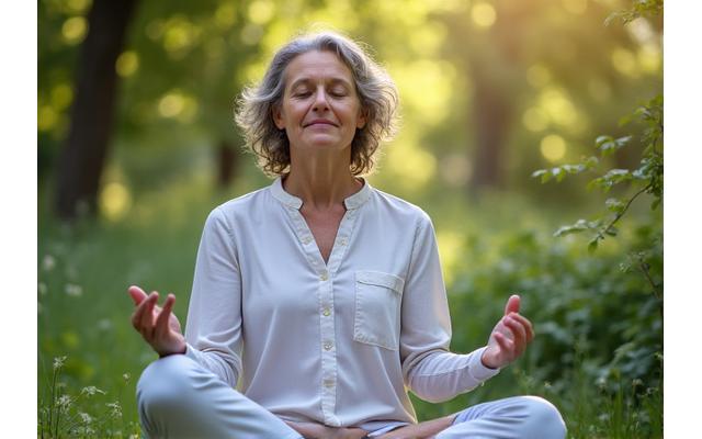 A person practicing meditation or deep breathing outdoors with a serene natural backdrop, symbolizing stress reduction.