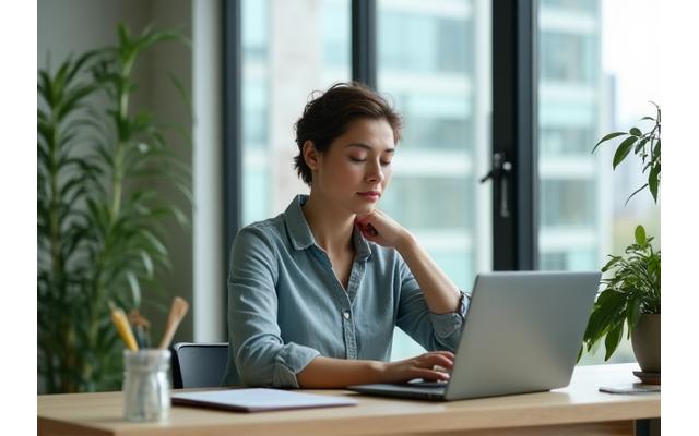 A focused professional at a clean, ergonomic desk setup, demonstrating light stretches or mindful breathing at work.