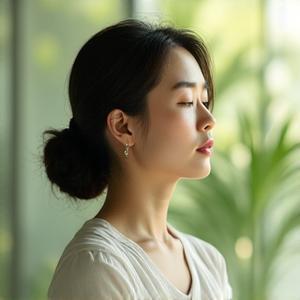 Portrait of Lisa Park, a female mental wellness coach meditating.