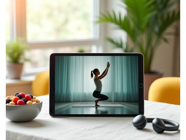 A tablet displaying a wellness video with a person performing yoga, alongside headphones and a healthy snack.
