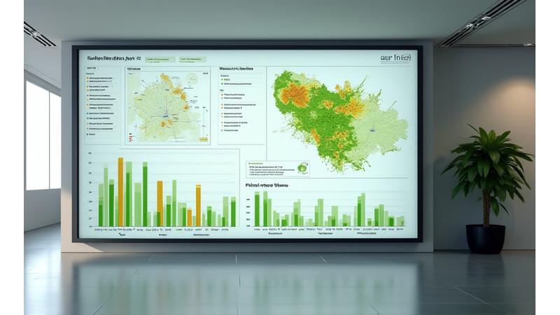 A data dashboard with charts and maps visualizing Sacramento wellness trends, with a focus on green spaces and air quality.