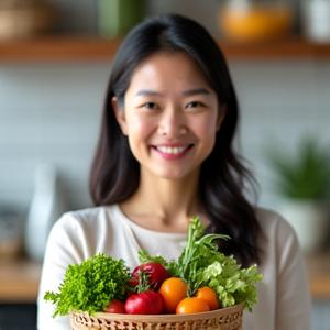 Portrait of Sarah Chen, a female nutritionist with fresh produce.