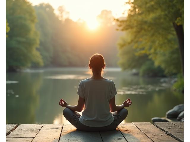 A serene person in a calm meditative pose outdoors, surrounded by lush green nature, symbolizing stress reduction and holistic wellness.