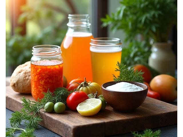 Assortment of vibrant fermented foods like kimchi, kombucha, and kefir, artfully arranged on a wooden board, with fresh herbs.