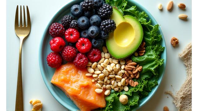 A beautifully arranged plate of vibrant, nutrient-dense whole foods, such as leafy greens, colorful berries, nuts, and lean protein, emphasizing balanced and healthy eating for longevity.