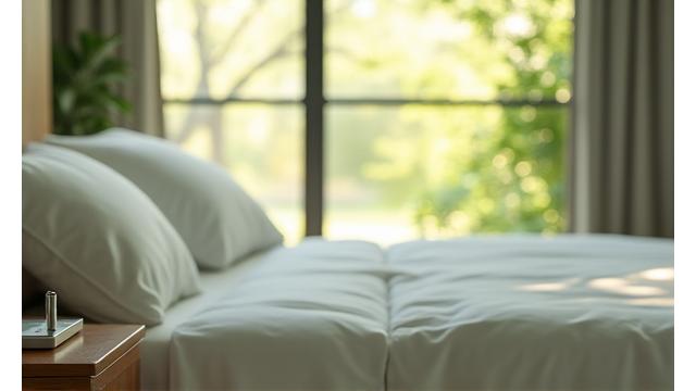 A serene bedroom scene with soft, warm lighting, showing smart blackout blinds, a temperature-controlled mattress, and a wearable sleep tracking device on a bedside table. Emphasizes peace and technological integration.