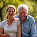 A joyful, active photo of a Sacramento couple, Sarah and David, in their early 50s, perhaps hiking or enjoying a healthy meal together outdoors, looking energetic and connected.
