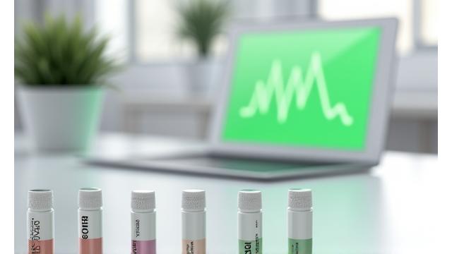 A kit for at-home biological testing (e.g., blood spot testing, saliva test) arranged cleanly on a modern desk, with a tablet displaying digital results in the background. Emphasizes convenience and scientific accuracy.