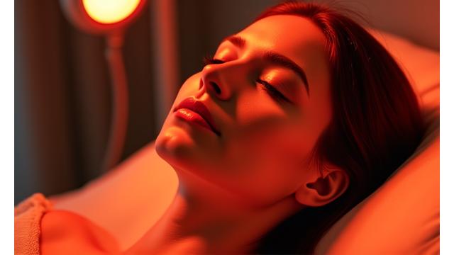 A subtle yet futuristic image of a person relaxing under a warm, glowing red light therapy panel, with soft, ambient light. Conveys wellness, relaxation, and advanced self-care.