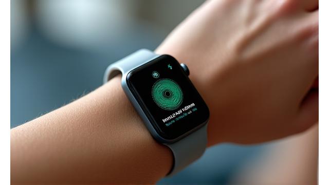 A close-up shot of a sleek, modern wearable device (e.g., Oura ring, WHOOP band, or a high-tech smartwatch) on a person's wrist, displaying health metrics on its screen. Focus on sophistication and data.