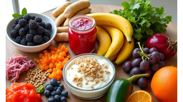 Close-up of fresh vegetables and probiotic foods