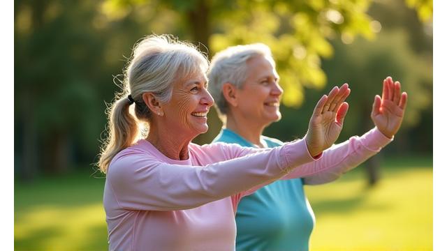 Elderly couple exercising in a park