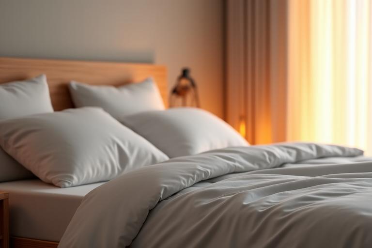 A serene sleeping environment with soft lighting, natural textures, a high-quality duvet, and subtly integrated sleep-tracking technology, reflecting a 30-day sleep makeover.