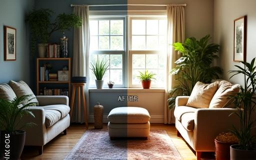 A split image showing a 'before' cluttered, dimly lit room and an 'after' organized, bright, and serene living space, illustrating a visual transformation.