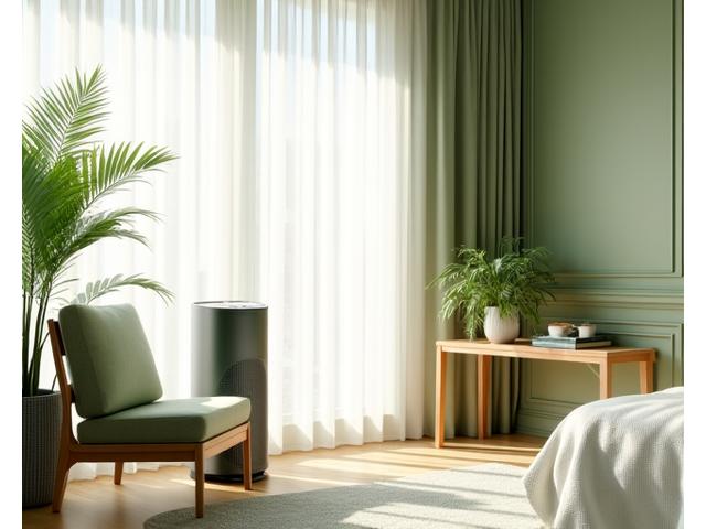 A serene, well-lit bedroom with diffused natural light, soft green accents, and a smart air purifier, depicting home wellness optimization.