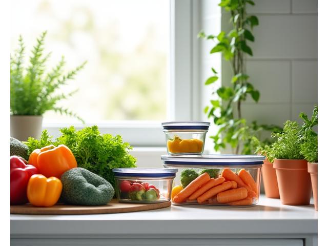 A thoughtfully organized kitchen counter with fresh colorful vegetables, meal prep containers, and herb plants, suggesting healthy eating habits and efficiency.