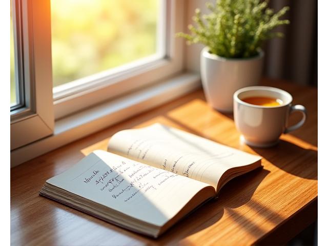 A tranquil scene depicting a balanced morning routine, including a journal, a cup of herbal tea, and gentle sunlight through a window, conveying sustainable energy.
