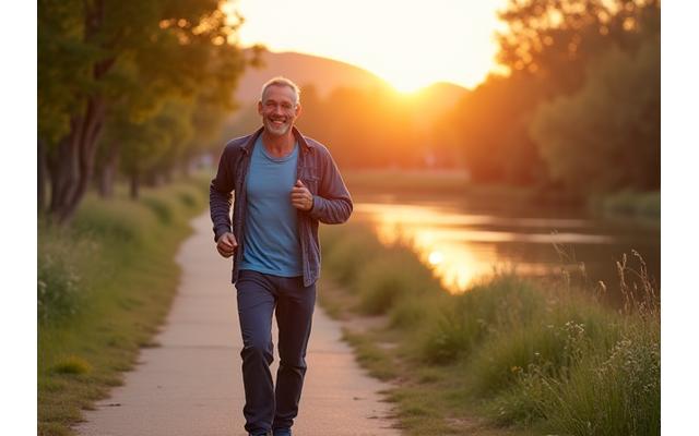 David P., 55, looking refreshed and energetic during a morning walk by the American River, illustrating his improved morning routine.