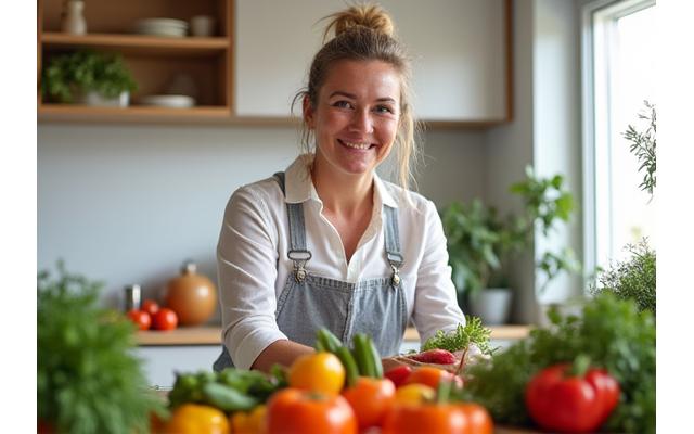 Maria R., 42, smiling while preparing a vibrant, healthy meal in her bright, newly organized kitchen, symbolizing healthy eating transformation.