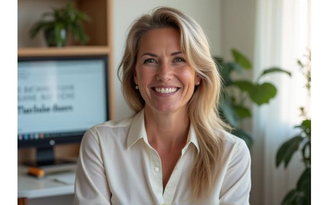 A warm, inviting image of Sarah M., 48, smiling in her newly organized and brightly lit home office, showcasing her lifestyle transformation.