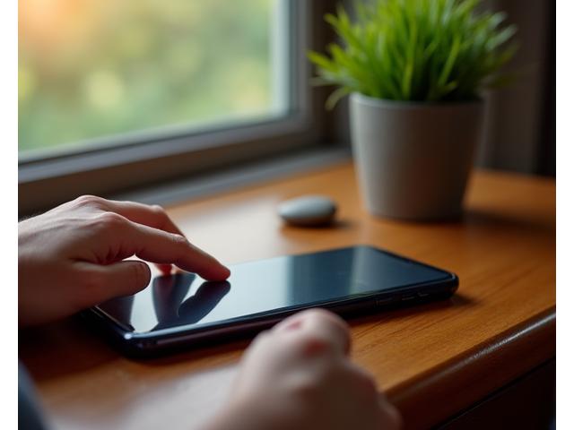 A person setting down a smartphone on a wooden nightstand beside a small plant, symbolizing a digital detox and balance.