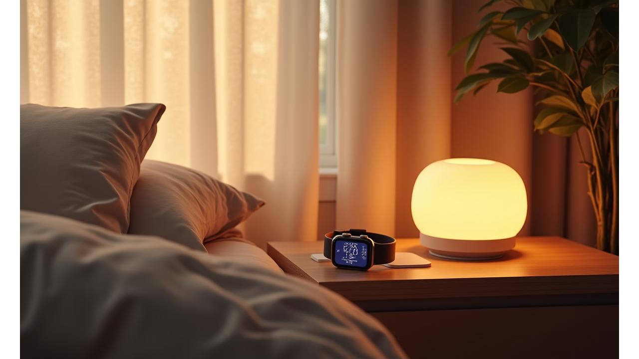 Serene bedroom with smart lighting, a wearable on a nightstand, and subtle smart home controls, bathed in soft, calming light.