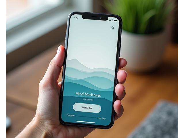 A smartphone displaying a mindfulness app interface with a 'Start Meditation' button, showing calming nature imagery and a progress bar.