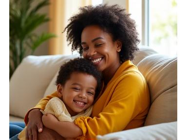 Sarah L., a mother, looking relaxed and content, embracing her child in a cozy, sunlit living room, symbolizing family well-being.