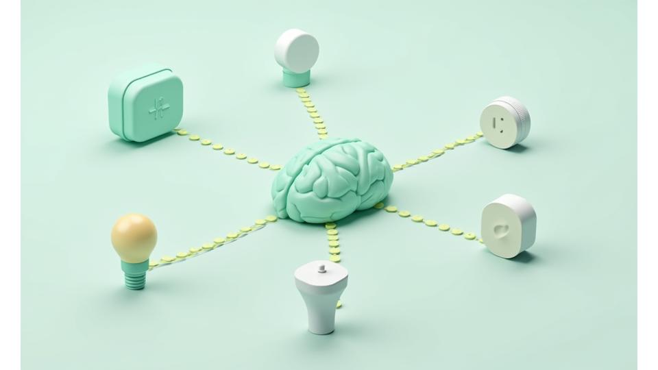 Diagram illustrating an integrated smart sleep ecosystem with connected devices: smart bed, lighting, thermostat, air purifier, and wearable device, all centrally controlled.