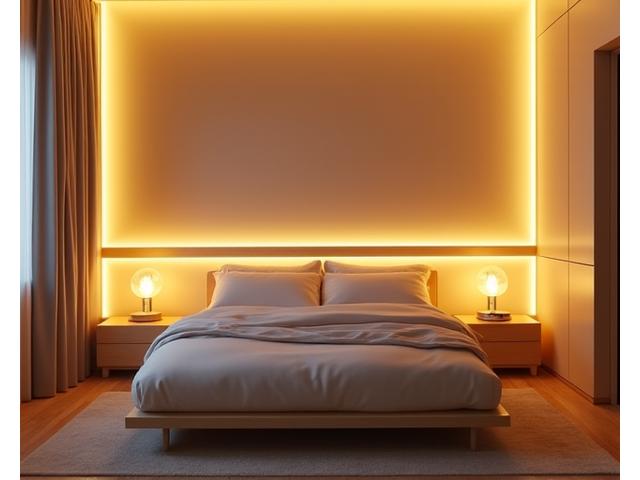 Modern, clean bedroom with soft, indirect smart lighting, a remote for a smart thermostat, and a subtle air purifier, creating a serene sleep environment.