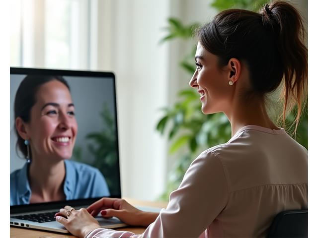 A compassionate female wellness coach, in a bright and inviting home office, engaging in a video call with a client. The setting is professional yet warm, emphasizing personalized connection.