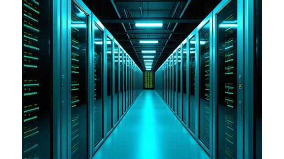 Modern data center with glowing servers and security systems in action