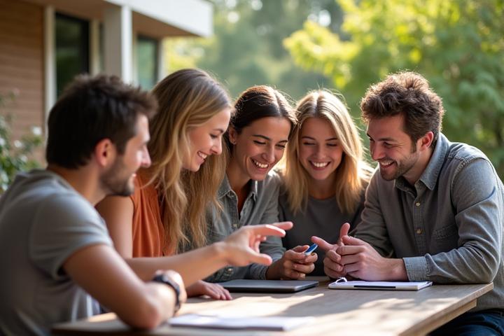 Diverse group of Sacramento adults engaging in a lively discussion around a tablet, showcasing product reviews and feedback.
