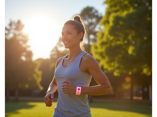A person using a modern wearable fitness tracker during a morning jog in a park.