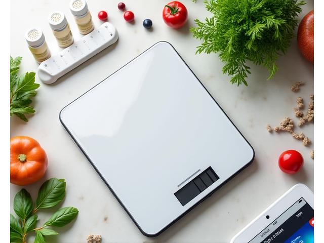 Array of smart kitchen gadgets and supplement organizers on a clean countertop.