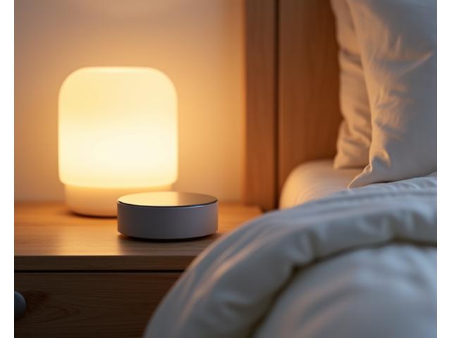 Close-up of a sleek, modern sleep tracker on a bedside table with soft, warm lighting.