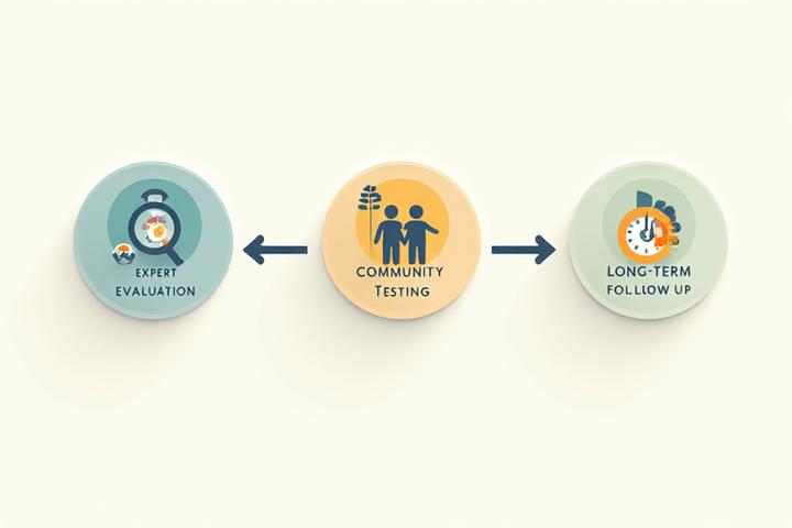 Infographic depicting a multi-stage product testing process with icons for expert review, community feedback, and long-term assessment.