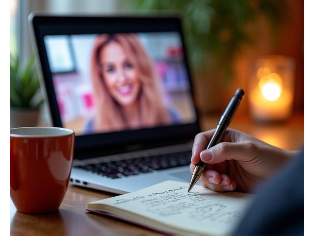 Laptop displaying a wellness workshop video with notes and a warm drink